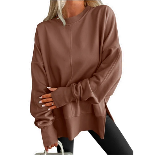 Kenhansion Women Crewneck Oversized Sweatshirts Long Sleeve Thumb Hole Fleece Pullover Sweater Fall Side Slit Hoodies Shirts