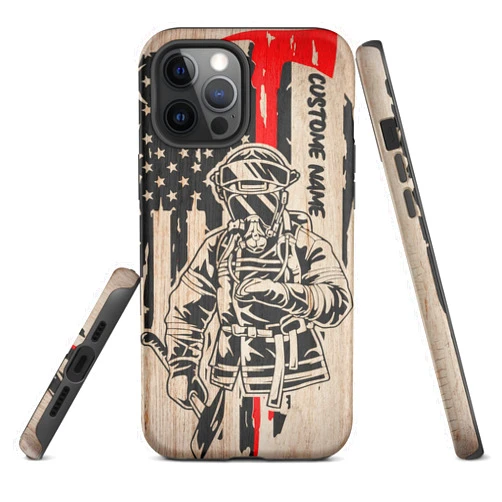 DUCHUCASE Personalized American Flag Firefighter Wood Phone Case Fireman Custom Name Gifts Husband Dad Protective Cover Customized Compatible with iPhone 15 14 12 13 11 Promax Plus