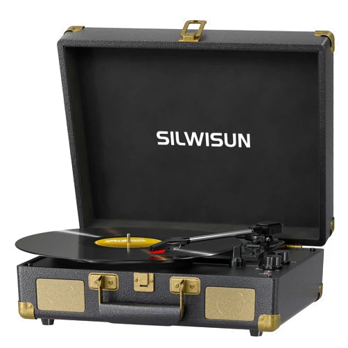 Silwisun Vinyl Record Player with Speakers Vintage Bluetooth Turntable, Battery Powered Portable Vinyl Player, Retro Suitcase Phonograph, 3-Speed Lp Player RCA Out AUX in Headphone Jack (Black)