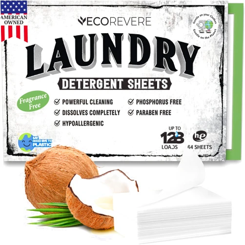 ECOREVERE Laundry Detergent Sheets - Eco Friendly Hypoallergenic for sensitive skin, Natural Plant Based Washer Sheets, Travel Laundry Detergent, Harsh Chemical Free (64 Power Sheets) Unscented, Fragrance-Free