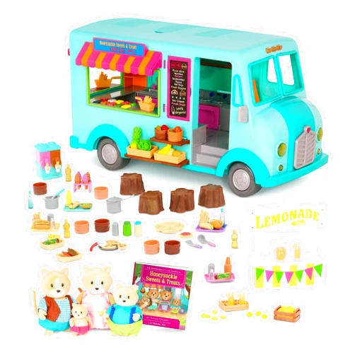 Li'l Woodzeez Li’l Woodzeez – Honeysuckle Sweet & Treats Playset – 107 Pcs Food Truck & Pretend Play Food – Cat Family with Storybook Included – Doll Playset with Furnitures for Kids 3 Years +