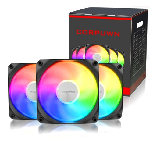 Corpuwn 3 Pack ARGB Fans 120mm Silent PWM Case Fan with Hub 1500 RPM High Airflow Cooling Fan 5V 3-Pin Adjustable LED Fan with Side Light