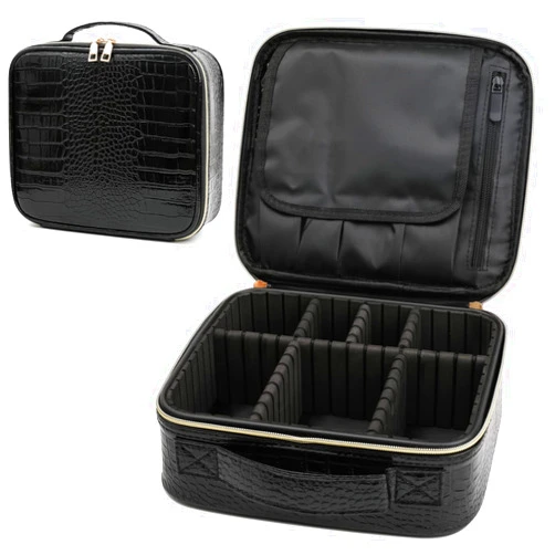 MejorChoy PU Leather Makeup travel organizer Crocodile Makeup Bag Portable Artist Storage Bag with Adjustable Dividers, Black