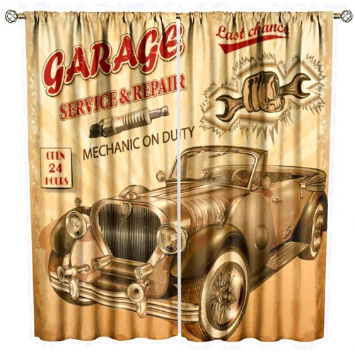 HUAYIDIANZI Vintage Decorative Window Curtains, Nostalgic Antique Car Dated Faded Print Rod Pocket Window Drapes, for Living Room Bedroom 21(W)*45(L) 2 Panels (Decorative)