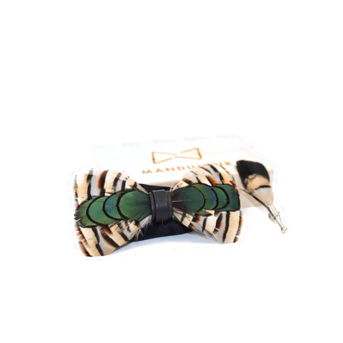 Handmade Green Pheasant Feathers Bow Ties lapel Pin Set - Mandujour Handmade Feather Bowties