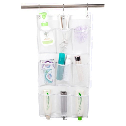 ALYER 9 Pockets Big Mesh Shower Caddy Hanging Bathroom Storage Organizer with 3 Rings (White)
