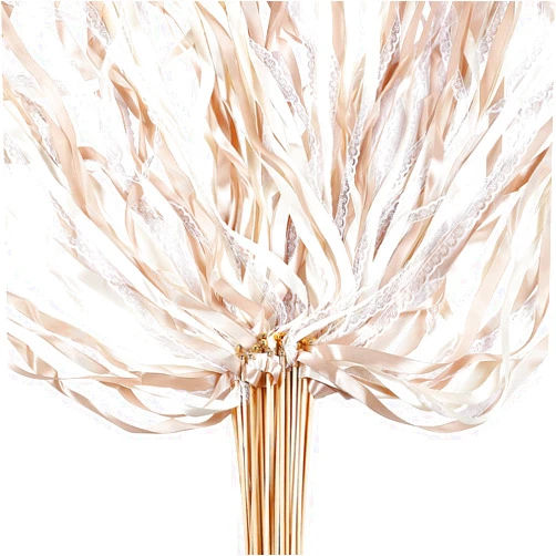 Sumind 40 Pieces Ribbon Wedding Streamers with Bells, Lace Fairy Wand Stick Party Ribbon Streamers Chromatic Silk Streamers for Party, Birthday and Holiday (Champagne)
