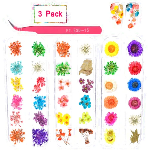 KISSBUTY 3 Boxes Dried Flowers for Nail Art, KISSBUTY 36 Colors Dry Flowers Mini Real Natural Flowers Nail Art Supplies 3D Applique Nail Decoration Sticker for Tips Manicure Decor (Flowers Gypsophila Daisy)
