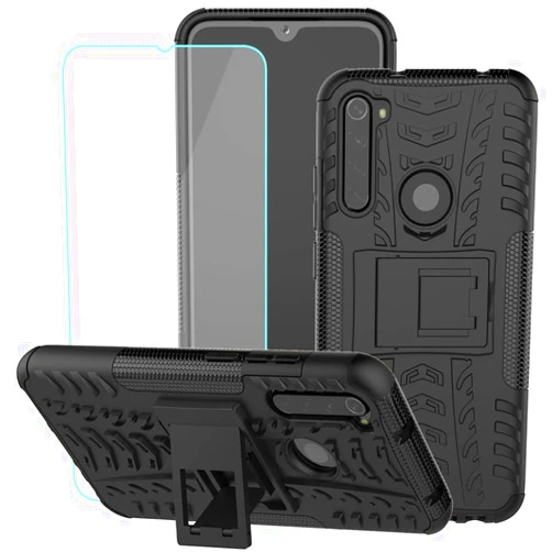 Yerebel for Redmi Note 8 (2019/2021) M1908C3JH Case with Tempered Glass Screen Protector, with Kickstand Hard PC Back Cover Soft TPU Dual Layer Protection Phone Cover for Xiaomi Redmi Note 8 (Black)