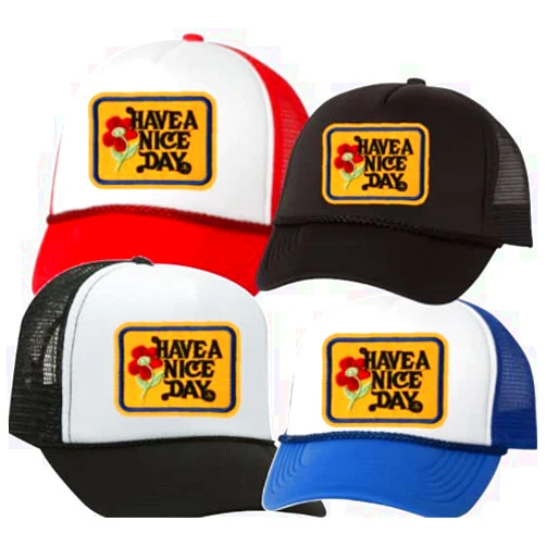 The Candy Collections CandyCo Have a nice day Vintage SHIPS NEXT DAY patch circle Trucker hat cap baseball color colorful red gift kelly green father blue trendy rap smile (Pink/White)