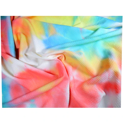 Paylessfabrics.com Bullet Hand Tie Dye Liverpool Textured Fabric Stretch Yellow Pink Teal Blue W18