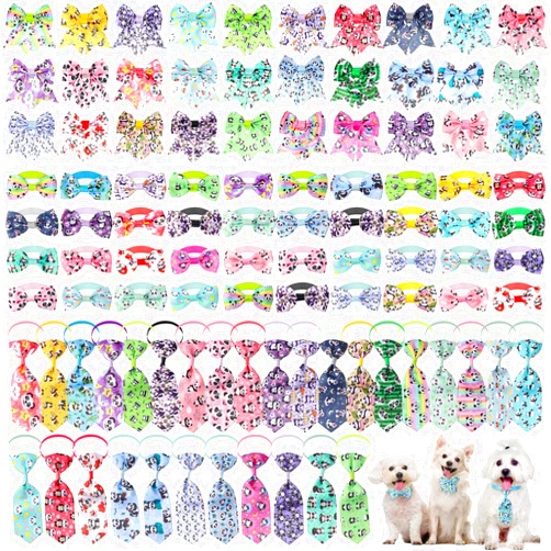 Reginary 100 Pieces Panda Dog Bow Tie Collar Set Dog Bows Dog Collar Bows 70 Pcs Dog Bow Ties and 30 Pcs Dog Neckties for Small Medium Dogs Supply Dog