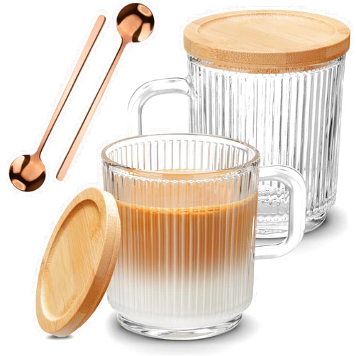 Mfacoy 2 PACK Glass Coffee Mugs with Handle & Spoon, 12 OZ Glass Coffee Cups with Bamboo Lid, Ribbed Glass Cups, Clear Tea Cup for Hot/Cold Beverages, Glassware Set for Americano, Latte, Cappuccino