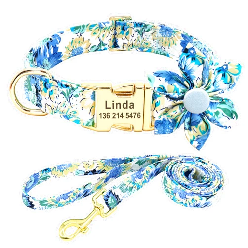 Beirui Personalized Female Dog Collar and Leash Set for Girl Dogs - Custom Pet Dog Collar with Flower for Small Medium Large Dogs - Soft Floral Engraved Collar with Matching Leash (Blue, S)