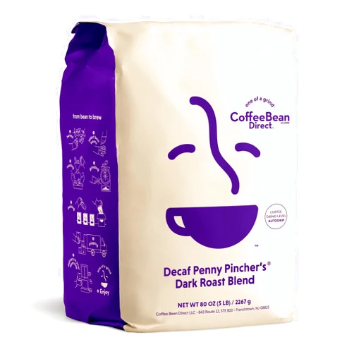 Coffee Bean Direct Decaf Penny Pincher's Dark Roast Blend, Ground Coffee, 5-Pound Bag