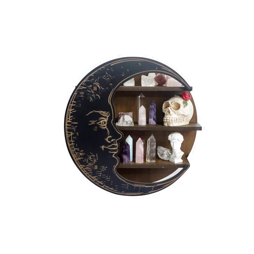 CEFRECO Black Crescent Moon Shelf - Rustic Wooden Crystal Holder for Healing Stones and Essential Oils - Wall-Mounted Crystal Shelf Display for Wall Decor - Witchy Gifts for Women