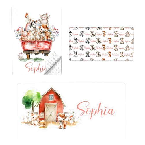 Terwex Personalized Baby Crib Bedding Set - 3 Pcs Custom Name Nursery Bedding Set - Double Layer Infant Bedding Set - Farm Animals Baby Crib Set for Baby Girls Boys - Toddler Newborn Customized Gifts