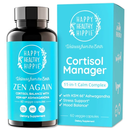 Happy Healthy Hippie Zen Again Cortisol Manager with Ashwagandha KSM-66 | Cortisol Supplements for Women | 11-in-1 Complex | Herbal Stress Support with L-Theanine, Rhodiola & Magnesium | Vegan, 60 Ct (30 Servings)
