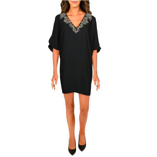 Aidan Mattox Womens Black Stretch Embellished Slitted Keyhole-Back Elbow Sleeve V Neck Mini Evening Sheath Dress 2