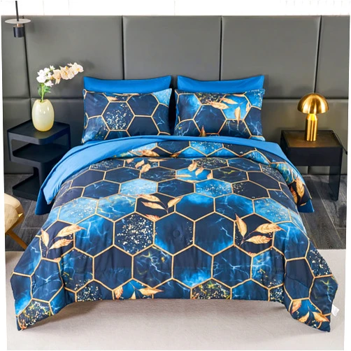 ANGIYUIN 7 Pieces Blue Gold Marble Queen Bedding Sets, 3D Geometric Hexagon Bed Sets Decor Gold Trim Comforter Set Queen, Modern Steel Blue Foil Print Bed Sets with Matched Sheets (Blue Queen)