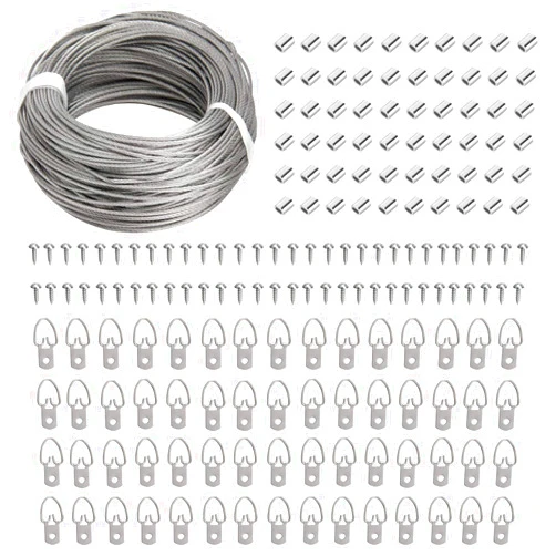 Blisstime Picture Hanging Kit - 100 Feet Stainless Steel Hanging Wire, 60 Pcs D Ring Picture Hangers with Screws and 60 Pcs Aluminum Crimping Loop Sleeve for Hanging Paintings Photos