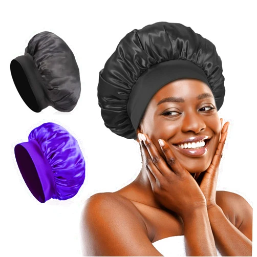 PUPUMATA 2PCS Bonnets, Satin Silk Hair Bonnet for Sleeping, Elastic Wide Band Bonnets for Women with Curly Natural Hair, Hair Wrap Night Sleep Cap Showercap (Black+Purple)