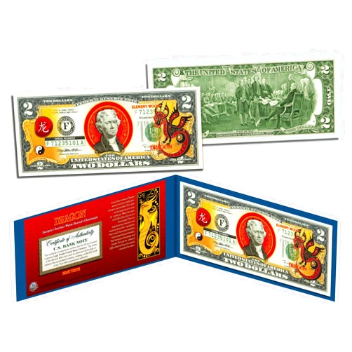 Merrick Mint Chinese Zodiac YEAR OF THE DRAGON Colorized $2 Collectible Bill US Legal Tender Lucky Money