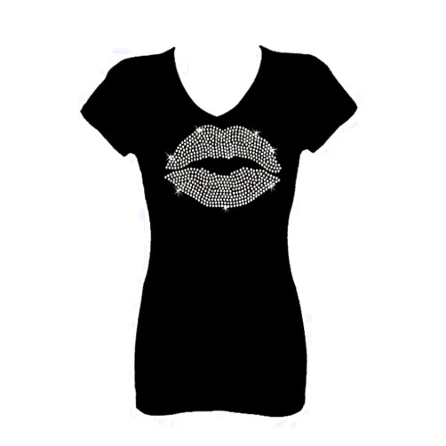 Rockeroo Boutique Lips Kiss Sequins Sequins Bling V Neck Short Sleeve Tee Shirt