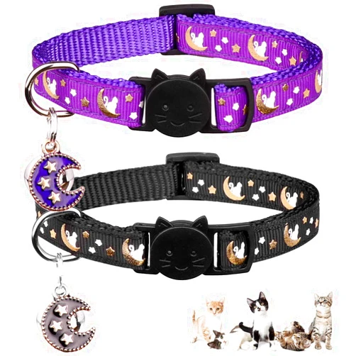 Baeuppit 2Pcs Breakaway Cats Collars Cat Collars for Boy & Girl Cats Moons Adjustable Kitten Collars with Bell & Pendant Glow in The Dark,Purple+Black