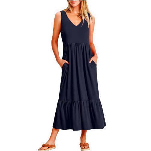ANRABESS Womens Summer Maxi Dresses Fit & Flare Flowy V Neck Sleeveless Swing Casual Tiered Beach Sundress with Pockets