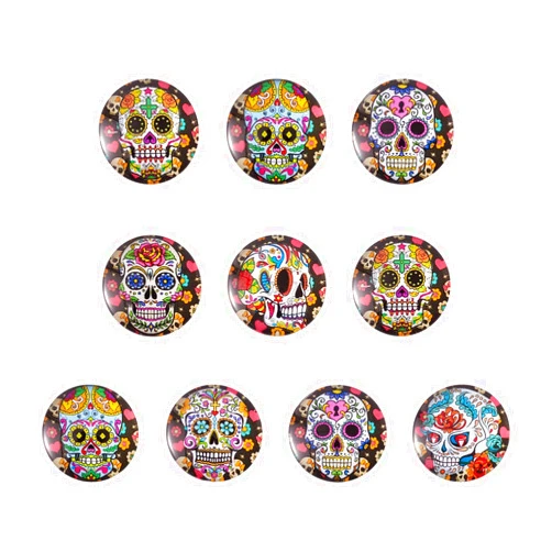 Pandahall 10pcs Glass Flat Back Mixed Color Cabochons 25mm Half Round Dome Cabochons for DIY Scrapbooking Pendant Earring Necklaces Jewelry Craft Making(Candy Skull)