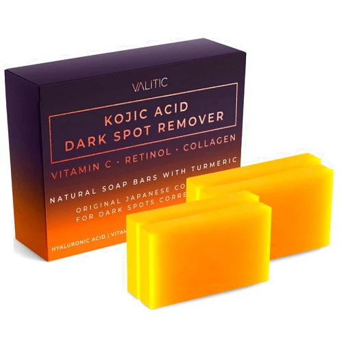 VALITIC Kojic Acid Dark Spot Remover Soap Bars with Vitamin C, Retinol, Collagen, Turmeric - Original Japanese Complex Infused Hyaluronic Acid, E, Shea Butter, Castile Olive Oil (4 Pack)