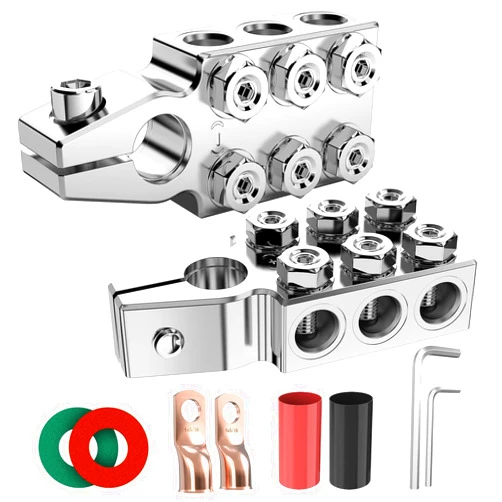 BetyBedy Battery Terminal Connectors, 12-Way Battery Terminal Clamps, BetyBedy Battery Terminals Top Post 8AWG up to 4/0(XL) AWG Gauge, Positive and Negative (+/-)(1 Pair) for SAE/DIN/EN Tapered Top Post