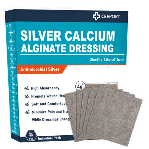 Ceeport Silver Calcium Alginate Wound Dressing 3'' x 3'', 5 Individual Pack, Highly Absorbent Dressing Gauze, Soft and Comfortable Silver Dressing for Wound Care, Non Stick Pads for Wounds