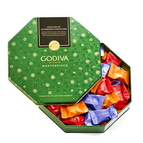 Godiva Chocolatier Godiva Holiday Masterpiece Gift Tin, Assorted Milk & Dark Chocolates with Ganache and Caramel, Gourmet Christmas Gift, Kosher & Halal, 50 Pc, 1.5 lbs