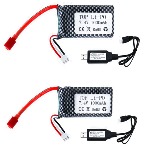 Tosiicop 7.4V 1000mAh Li-ion Battery - 2 Pack 2S 30C Batteries with Deans T Plug for RC Truck Brushless Racing Car HBX 16889 16890A and XLH Q901 Q902 Q903 1/16 Scale with Rechargeable 2 USB Chargers