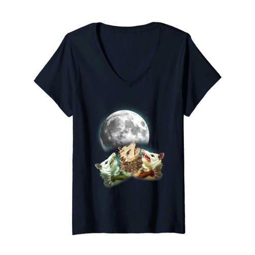 Opossum Lover Humor Quote - DressedForDuty Womens Three Opossum Moon With 3 Possums Costume V-Neck T-Shirt