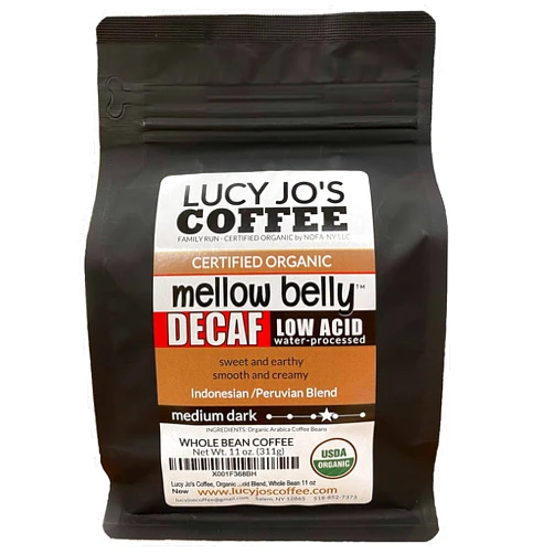 Lucy Jo's Coffee Roastery, Organic Decaf Mellow Belly Low Acid Blend, Medium Dark Roast, 11 oz (Whole Bean)