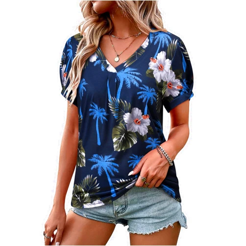 SLEITY Womens Puff Short Sleeve Hawaiian Shirts Floral Tropic Printed Pleated V Neck Summer Casual T-Shirt Trendy Boho Blouses Tops