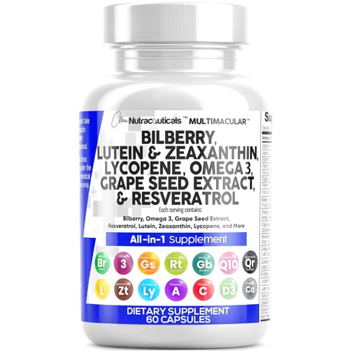 Clean Nutraceuticals Eye Health Vitamins with Bilberry Lutein & Zeaxanthin 40mg Lycopene 40mg Resveratrol Grape Seed Extract Omega 3 Astaxanthin - Eye Vitamin - 60 Capsules
