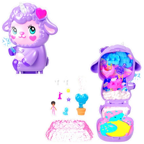 Polly Pocket Dolls & Playset, Cozy Dreamland Lamb Compact, Travel Toy with 1 Micro Doll, Pet Unicorn, Food & Fashion Styling Accessories