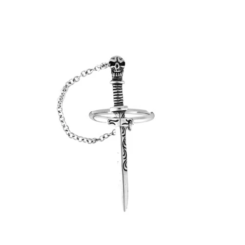 FEITIANWUGONG Gothic Punk Skull Sword Movable Plug in Finger Ring Medieval Knight Dagger Chain Ring Band Vintage Silver