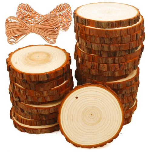ASSIRES Natural Wood Slices 30 Pcs 3.5-4 Inches Craft Unfinished Wood Kit Predrilled Wooden Rounds with Bark, Wood Circles with Hole, Wood Slices for Crafts Ideal for DIY Projects, Christmas Ornaments