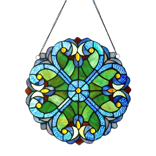 Happy Living Time Stained Glass Panel: 12 Inch/16 Inch Decorative Window Hanging Suncatcher - Small Round Tiffany Style Ornament - Blue Heart Decoration for The Wall or Windows (12 Inch)