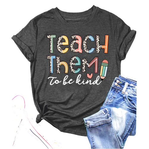 MOUSYA Teacher Shirt for Women Teach Them to Be Kind Shirt Funny Letter Print Colorful Leopard Pattern Teacher Life Shirt