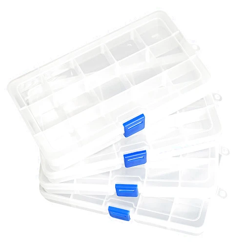 Qualsen 4 Pack Plastic Compartment Box with Adjustable Dividers Craft Tackle Organizer Storage Containers Box 15 Grid (Clear)