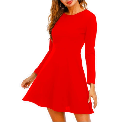 Jusfitsu Womens Long Sleeve Dress Casual Simple Dresses A-Line Knee Length Skirt Slim Fit Skater Dress