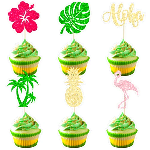 Ephlyn 24Pcs Tropical Luau Cupcake Toppers Glitter Palm Tree Flamingo Pineapple Aloha Cupcake Picks Decorations for Hawaiian Luau Theme Birthday Party Supplies