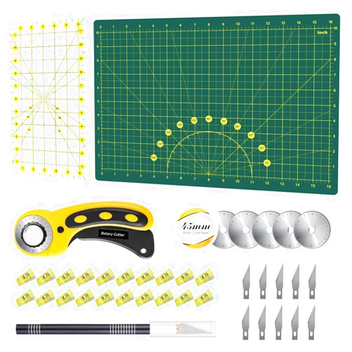 Headley Tools Rotary Cutter Set - 45mm Fabric Cutter, 5 Extra Rotary Blades, A3 Cutting Mat, Quilting Ruler and Sewing Clips, Craft Knife Set, Ideal for Crafting, Sewing, Scrapbooking, Patchworking