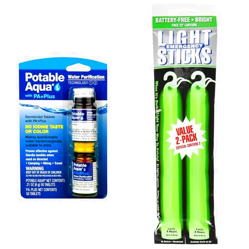 Potable Aqua Water Purification Tablets 2-50ct Bottles and Ready America 8-Hour 2-Pack Green Emergency Lighsticks